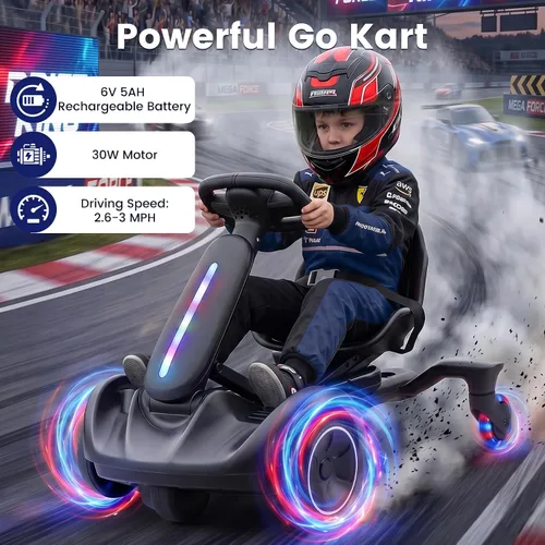 Vista 2 de GLACER Go Kart a la deriva de 6V con giro de 360°, asiento ajustable de 2 Negro