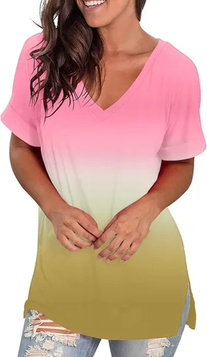 Vista 3 de Camisetas básicas de verano para mujer, con bloques de color, lindas camisetas con estampado degradado, cuello en V, manga corta, con abertura