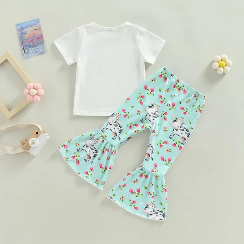 Vista 70 de fhutpw Conjunto de camiseta de manga corta con estampado de vaca y pantalones acampanados de dibujos animados para niñas