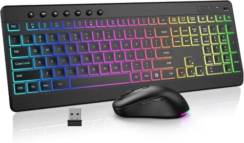 Vista 9 de EDJO Wireless Keyboard and Mouse Combo, 10 Backlit Effects, Rechargeable 2.4GHz Silent Full-Size Light Up USB Keyboard with 6 Button RGB Mouse for