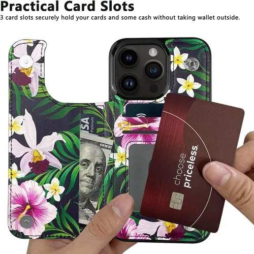 Vista 3 de Funda de piel con tapa para tarjetas compatible con iPhone 13 Pro de 6.1 pulgadas, para mujeres y niñas, con tarjetero y función atril, doble cierre