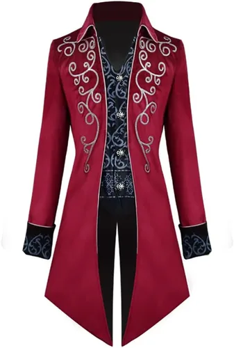 Vista 18 de Chaqueta larga estilo steampunk gótico medieval vintage para hombre, estilo victoriano, con botones, abrigo de golondrina, uniforme Azul