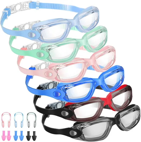 Vista 8 de Flutesan Paquete de 6 gafas de natación para adultos y niños, anti niebla, con tapones para los oídos, clip para la nariz, sin fugas, protección