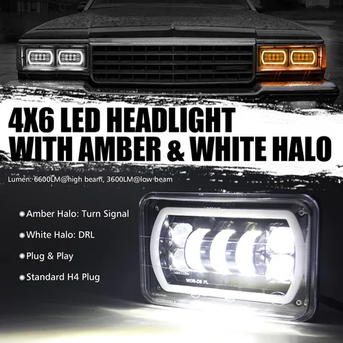 Vista 4 de OPP ULITE Faros delanteros LED 4x6 con luz blanca DRL ámbar señal de giro Halo, haz de sello H4651 H4656 H6545 H4668, paquete de 4 piezas (1730S-4)