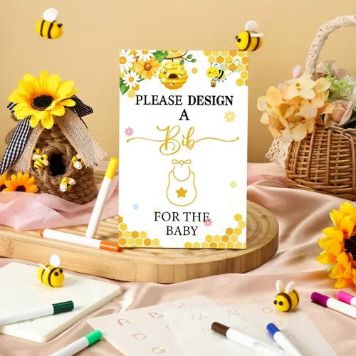 Vista 6 de Panitay Kit de decoración de 100 baberos para bebé, 50 baberos blancos, 25 plantillas, 24 marcadores de tela, 1 letrero de juego para baby shower