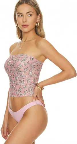 Vista 45 de MixMatchy Top de tubo para mujer con brasier integrado, top bandeau sin tirantes de doble capa, parte superior casual con fruncido lateral Y2K Negro