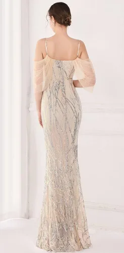 Vista 4 de Vestido de noche de sirena con lentejuelas y hombros descubiertos para mujer Albaricoque plateado