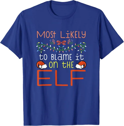 Vista 19 de Camiseta de Navidad familiar a juego con la frase "Most Likely To Blame It On The Elf" Negro