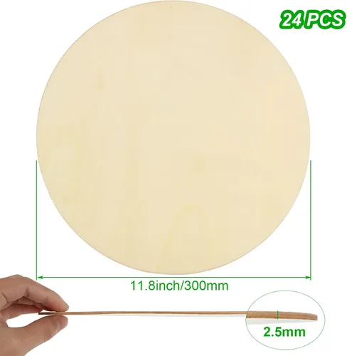 Vista 2 de Paquete de 24 hojas redondas de madera de tilo sin terminar de 12 pulgadas, hojas de madera contrachapada de madera en blanco para manualidades