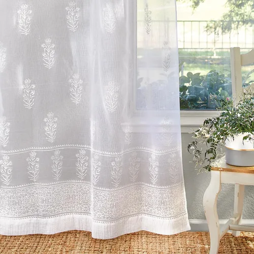 Vista 42 de Panel de cortina transparente blanco y dorado con alzapaños, 100% gasa de algodón, con pestaña superior o bolsillo para barra para decoración