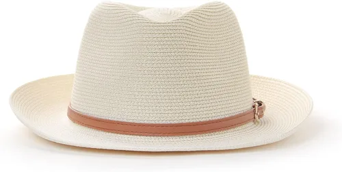 Vista 4 de TIALARTS Sombrero de paja Fedora para hombre y mujer, ala ancha, para verano, playa, paja para exteriores, sombrero cubano Trilby