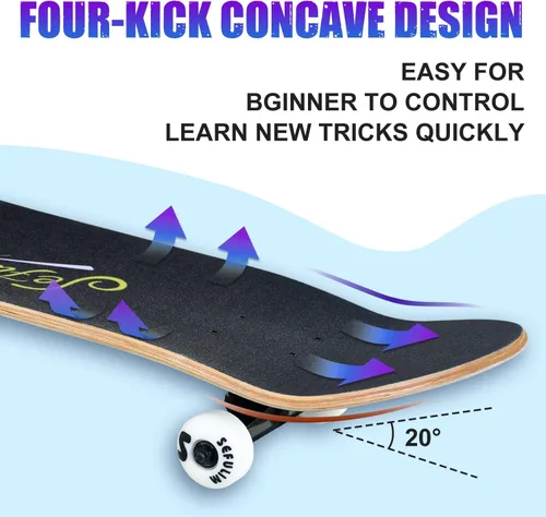 Vista 6 de 31 x 8 Inch Complete Skateboard 7 Layer Canadian Maple Double Kick Deck Concave Cruiser Trick Skateboard for Boys Girls Teens Adults Beginner