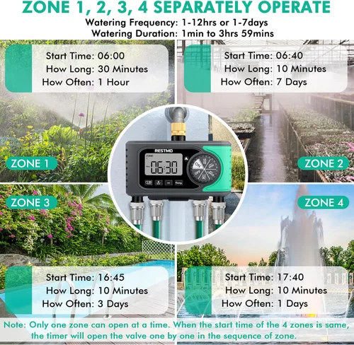 Vista 4 de RESTMO - Temporizador de aspersor de 4 salidas con entrada de latón, temporizador de agua programable de 4 zonas para manguera de jardín, control