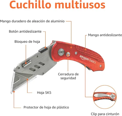 Vista 2 de Amazon Basics Cuchillo utilitario plegable, cuerpo de aluminio ligero, rojo