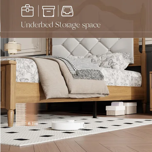 Vista 5 de Full Size Bed Frame with 57 in High Headboard,Solid Pine Wood Platform Bed with Victorian Button Tufted Headboard No Box Spring Needed Noise Free