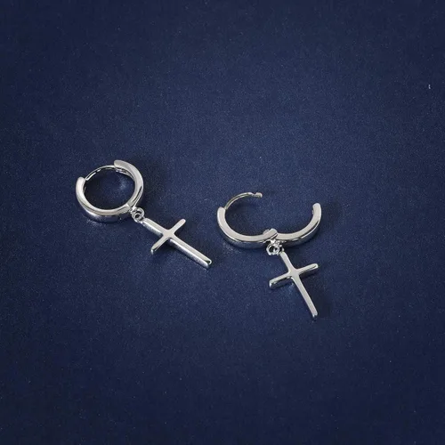 Vista 7 de Aretes de cruz de plata de ley 925, delicados aretes de aro para mujeres y hombres