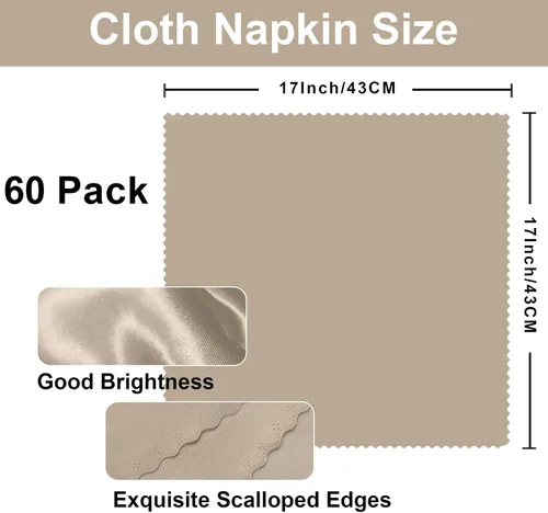 Vista 2 de SiinvdaBZX 60 servilletas de tela beige con bordes festoneados, 17 x 17 pulgadas, servilletas cuadradas de satén de poliéster suave y sedoso