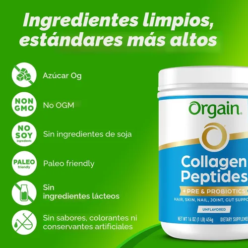 Vista 6 de Orgain - Péptidos de colágeno hidrolizado + Polvo de prebióticos y probióticos para mujeres y hombres, 20 g de colágeno alimentado con pasto, 1 mil