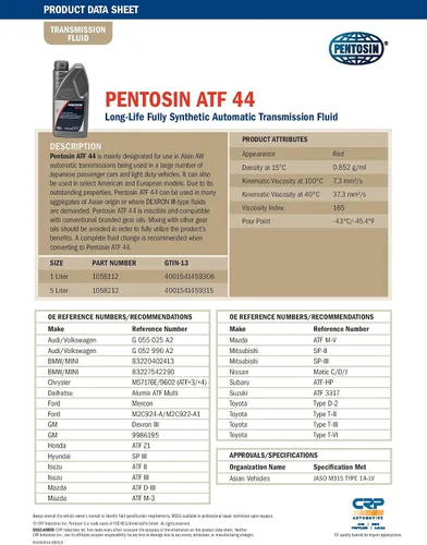 Vista 6 de Pentosin 1058212 ATF 44 Líquido de Transmisión Automática de Larga Duración Totalmente Sintético; 5 Litros