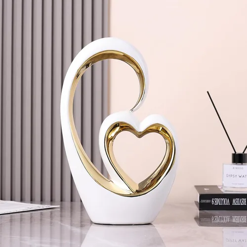Vista 2 de Corazón de cerámica de oro blanco para decoración del hogar, estatua de amor, regalo de aniversario de San Valentín para pareja, escultura de doble