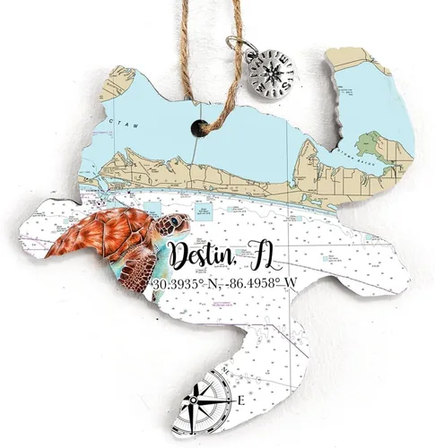 Vista 9 de Ornament Destin, FL Sailboat Map Ornament 4” Wood Hanging Map Ornament with Artwork & Charm Perfect for Wine Bottles, Gift Bags, or Christmas