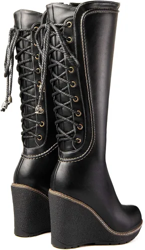 Vista 4 de ANN CREEK Botas de cuña de encaje a media pantorrilla 'Camux' Stitches color negro, Negro