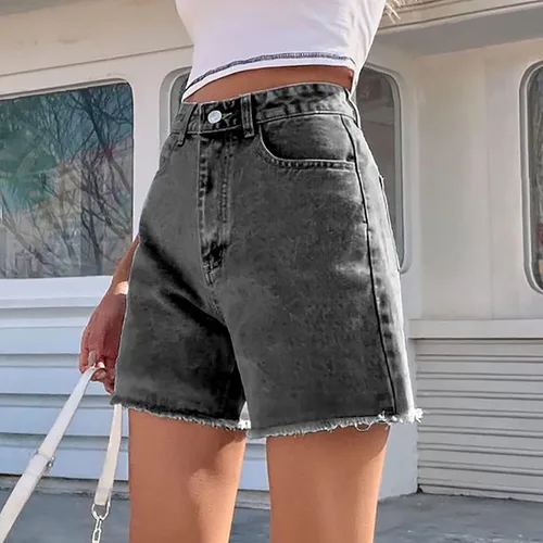 Vista 5 de PANOEGSN Pantalones cortos de mezclilla casuales para mujer, pantalones cortos de mezclilla de cintura alta para verano, pierna recta, dobladillo