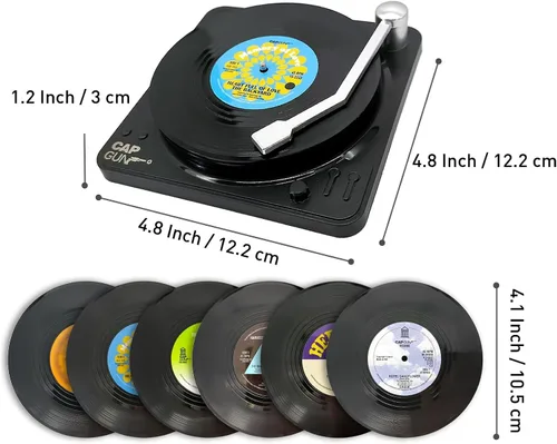 Vista 8 de Divertidos posavasos retro para bebidas de café con soporte para reproductor de vinilo, juego de 6 posavasos personalizados únicos para inauguración