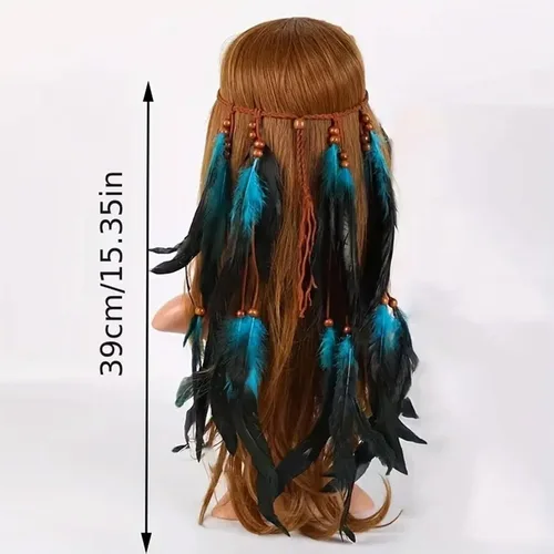 Vista 3 de Diadema de plumas bohemias, tocado gitano indio con borla de plumas largas, cuerda trenzada ajustable con cuentas