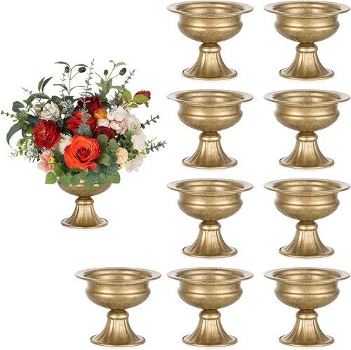 Vista 10 de NUPTIO Jarrones de oro envejecido para centros de mesa: 2 piezas de jarrones pequeños de compota para flores - Decoración de cuenco de pedestal