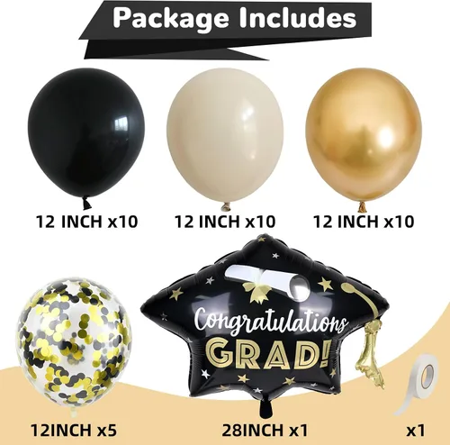 Vista 2 de Globos negros y dorados de graduación con globos de aluminio de graduación, globos metálicos de color negro, blanco, arena, beige, dorado