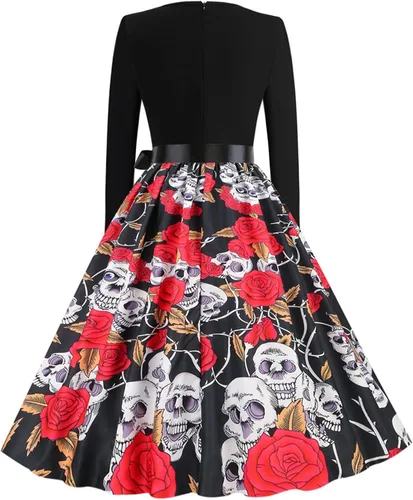 Vista 4 de Vestido de Halloween para mujer, casual, con cuello en V, con cremallera, manga larga, con panel