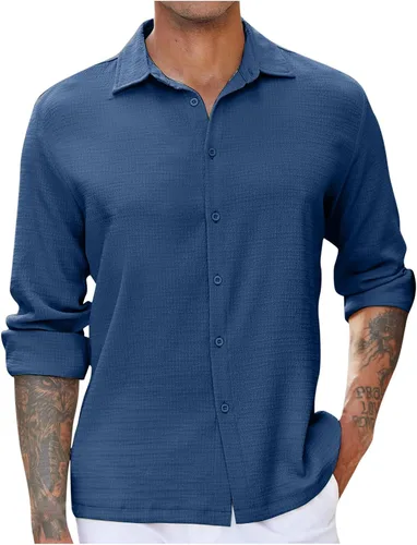 Vista 7 de Camisas de vestir para hombre, sin arrugas, ajuste regular, de manga larga, con botones, casual, a la moda, con cuello sólido