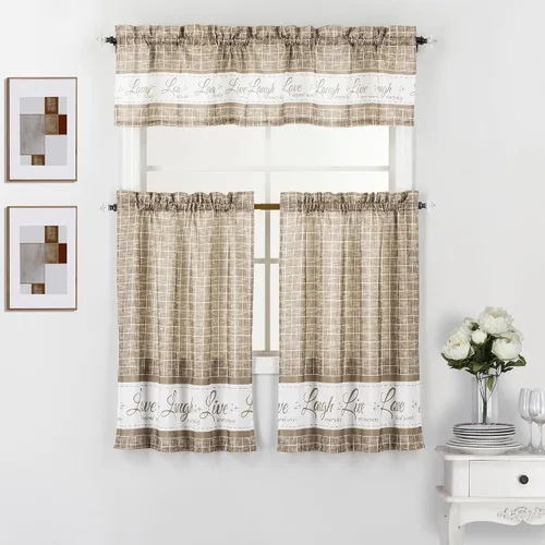 Vista 7 de Interior Trends Live Love Laugh - Juego de 3 cortinas estampadas para ventana de cocina con cenefa y paneles en niveles
