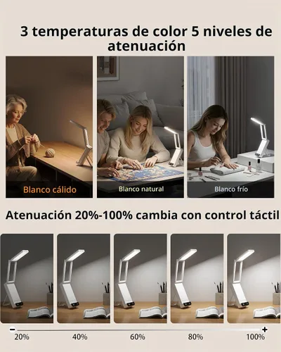 Vista 4 de EZVALO Lámpara de escritorio recargable, batería de 6000 mAh, lámpara de mesa inalámbrica para lectura de libros, mini lámparas plegables y Blanco