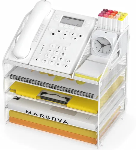 Vista 8 de Bandeja de papel para cartas, organizador de escritorio de 4 niveles con soporte para bolígrafo y asa, organizador de archivos de malla