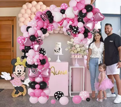 Vista 7 de Kit de arco de guirnalda de globos de ratón rosa, globos rosa y negro con globos de papel de aluminio, decoraciones de fiesta de cumpleaños