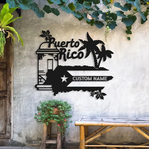 Vista 4 de Arte de pared de metal con bandera de Puerto Rico personalizado, luz LED, letrero de nombre personalizado para amantes de Puerto Rico, decoración