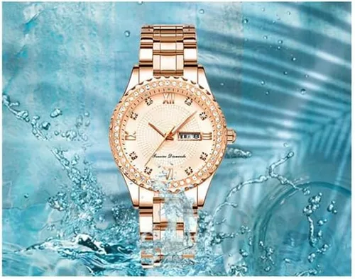 Vista 2 de Relojes de moda para mujer, esfera brillante, oro rosa, acero inoxidable, fecha, impermeable, cuarzo, para mujer