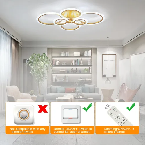 Vista 4 de SJV Moderna lámpara LED de techo, lámpara de techo regulable de 6 anillos dorados, lámpara de techo de 31.4 pulgadas, lámpara LED de techo, 3