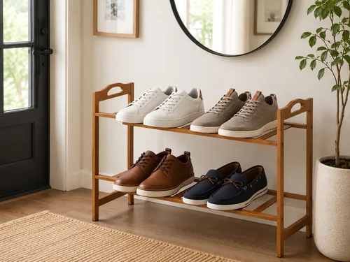 Vista 2 de Basicwise Zapatero de almacenamiento de bambú, organizador de zapatos de pie (2 niveles)