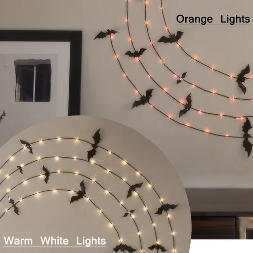 Vista 3 de LITBLOOM Guirnalda de Halloween con luces de 6 pies, 80 luces de hadas naranjas y blancas cálidas, guirnalda negra iluminada, funciona