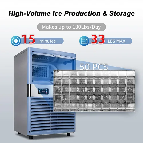 Vista 2 de Máquina de hielo comercial de 100 libras/24 horas, máquina de hielo debajo del mostrador con almacenamiento de 33 libras, máquina de hielo de pepita