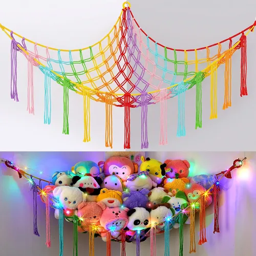 Vista 10 de Basumee Hamaca de animales de peluche con red de esquina de luz LED Crema