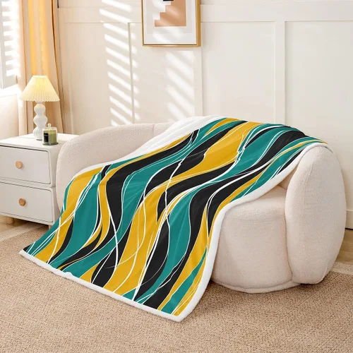 Vista 2 de Erosebridal Manta de sherpa moderna para niños y adolescentes, color naranja, verde azulado, negro, manta para silla, manta de forro polar con rayas