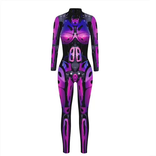 Vista 25 de Disfraz de esqueleto de calavera para mujer, overol de una pieza para Halloween 3D printed skull skeleton robot costume, Back zipper closure