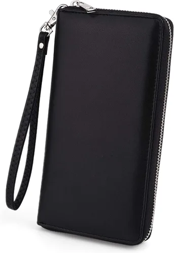 Vista 2 de UTO Cartera de cuero con cremallera alrededor de tarjetero organizador de pasaporte para damas con cartera de viaje con correa de muñeca