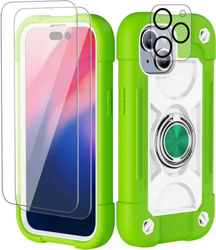 Vista 151 de Funda para iPhone 11 de 6.1 pulgadas con soporte de anillo, con 2 protectores de pantalla de vidrio, resistente a los golpes, resistente a