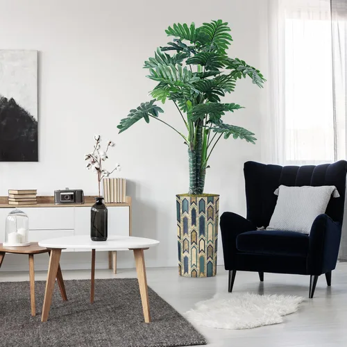 Vista 8 de Árbol artificial en macetero moderno con patrón poligonal, palmera tropical areca artificial de seda para decoración del hogar en interiores