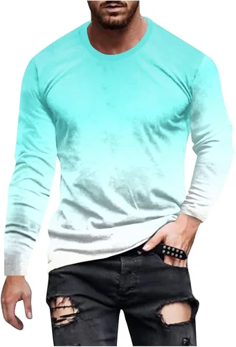 Vista 10 de Camisas para hombre, estilo casual, elegante, manga larga, color degradado, cuello redondo, sudaderas grandes y altas para entrenamiento de gimnasio